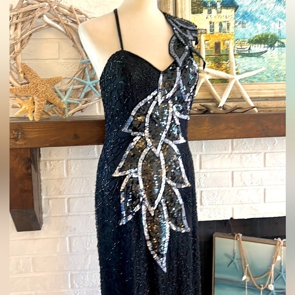 VTG,Lillie Rubin Exquisite, Black Sequin Beaded-Leaf Motif,Evening Gown,Size M - Picture 10 of 16